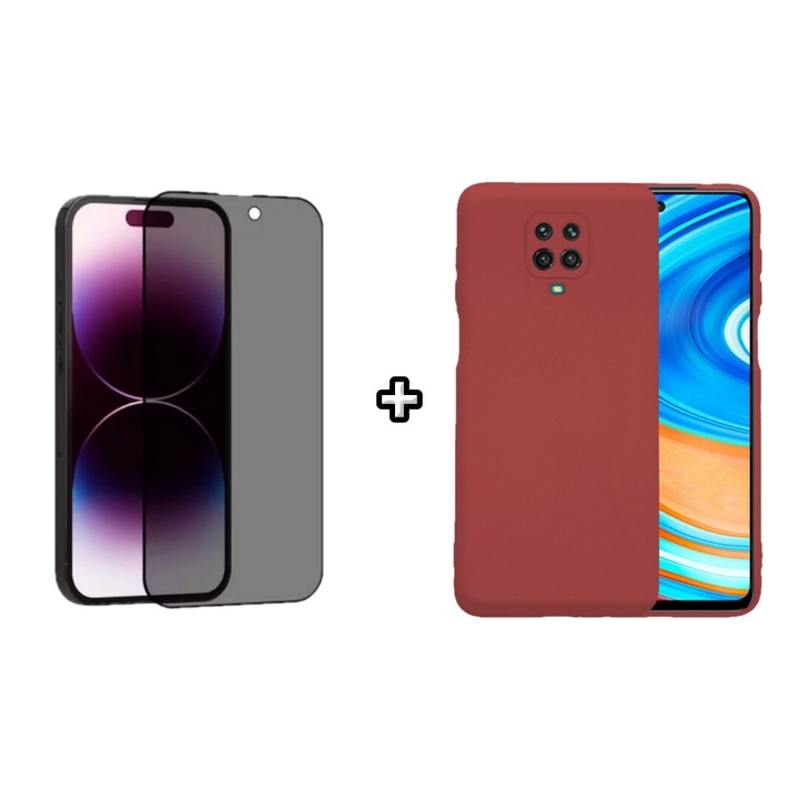 Set Husa Silicon plus Folie din sticla Privacy compatibila cu Xiaomi Redmi Note 9 Pro, visinie, HQM Protection