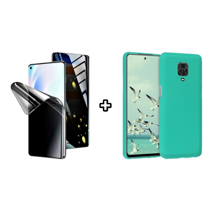 Set Husa Silicon plus Folie din silicon Privacy compatibila cu Xiaomi Redmi Note 9 Pro, menta, HQM Protection