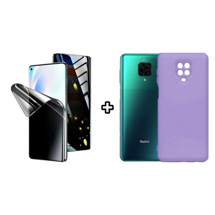 Set Husa Silicon plus Folie din silicon Privacy compatibila cu Xiaomi Redmi Note 9 Pro, mov, HQM Protection