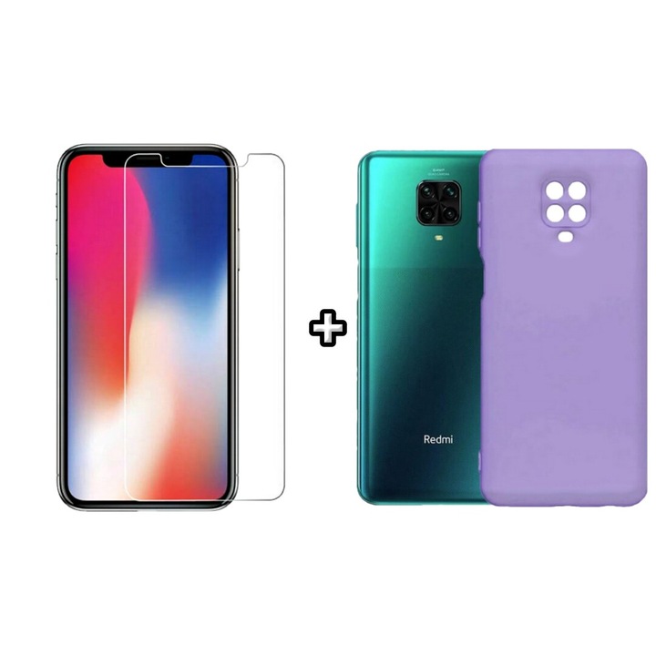 Set Husa Silicon plus Folie din sticla transparenta compatibila cu Xiaomi Redmi Note 9 Pro, mov, HQM Protection