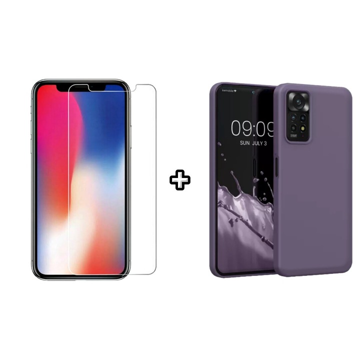 Set Husa Silicon plus Folie din sticla transparenta compatibila cu Xiaomi Redmi Note 11 Pro, mov, HQM Protection