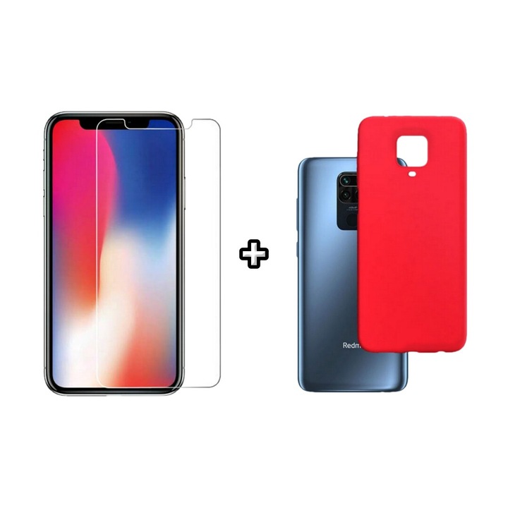 Set Husa Silicon plus Folie din sticla transparenta compatibila cu Xiaomi Redmi Note 9 Pro, rosie, HQM Protection