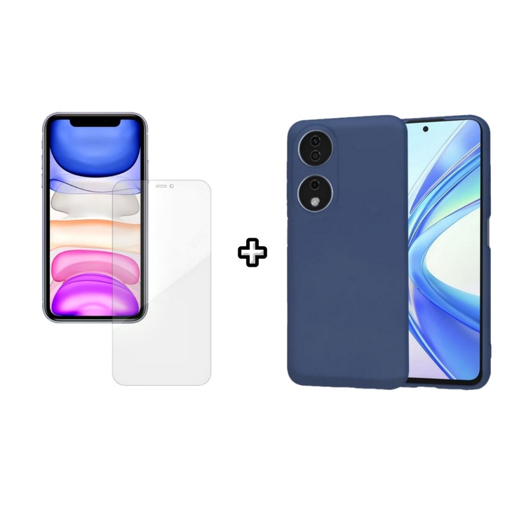 Set Husa Silicon plus Folie din silicon Case Friendly compatibila cu Honor X7b, albastra, HQM Protection