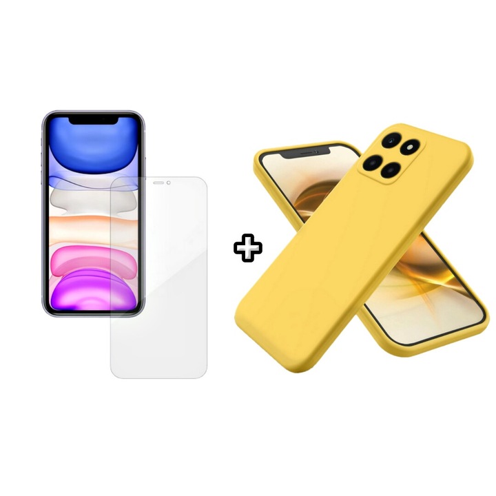 Set Husa Silicon plus Folie din silicon Case Friendly compatibila cu Honor X8b, galbena, HQM Protection