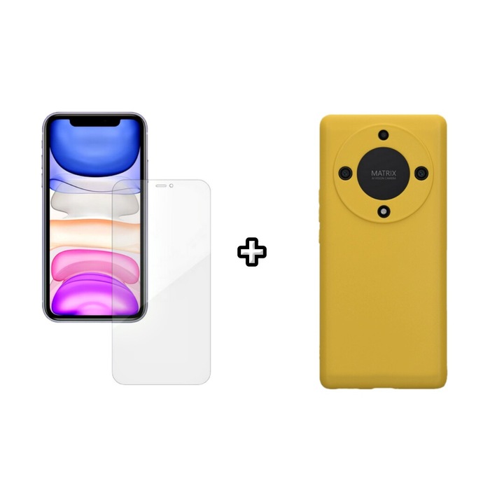 Set Husa Silicon plus Folie din silicon Case Friendly compatibila cu Honor Magic5 Lite, galbena, HQM Protection