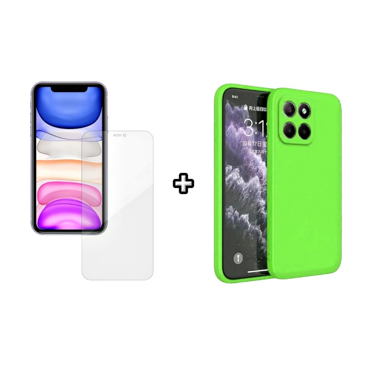 Set Husa Silicon plus Folie din silicon Case Friendly compatibila cu Honor X8b, verde neon, HQM Protection