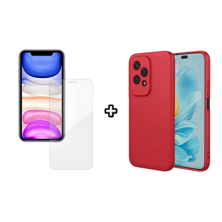 Set Husa Silicon plus Folie din silicon Case Friendly compatibila cu Honor 200 Lite, rosie, HQM Protection