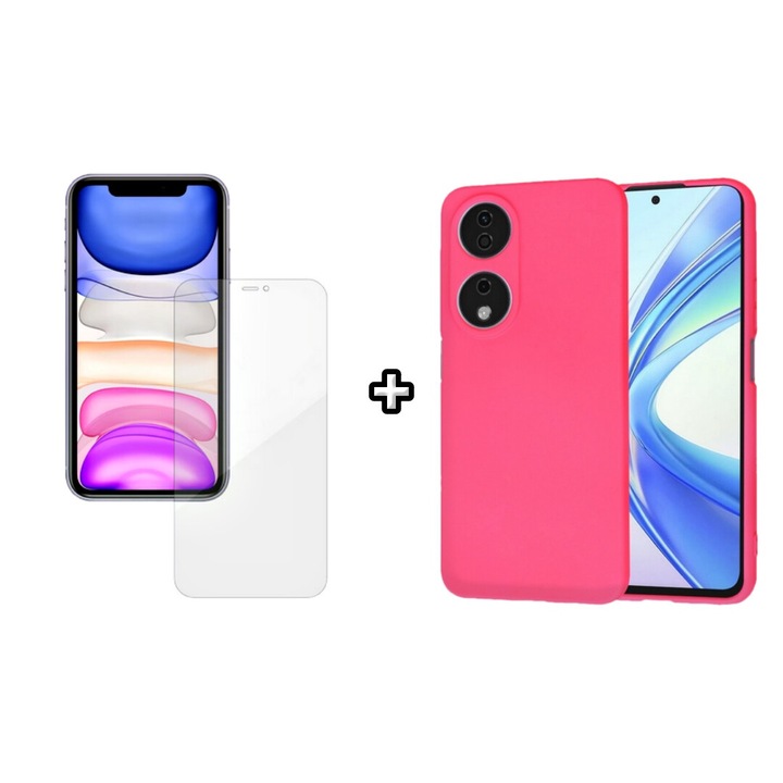 Set Husa Silicon plus Folie din silicon Case Friendly compatibila cu Honor X7b, roz neon, HQM Protection