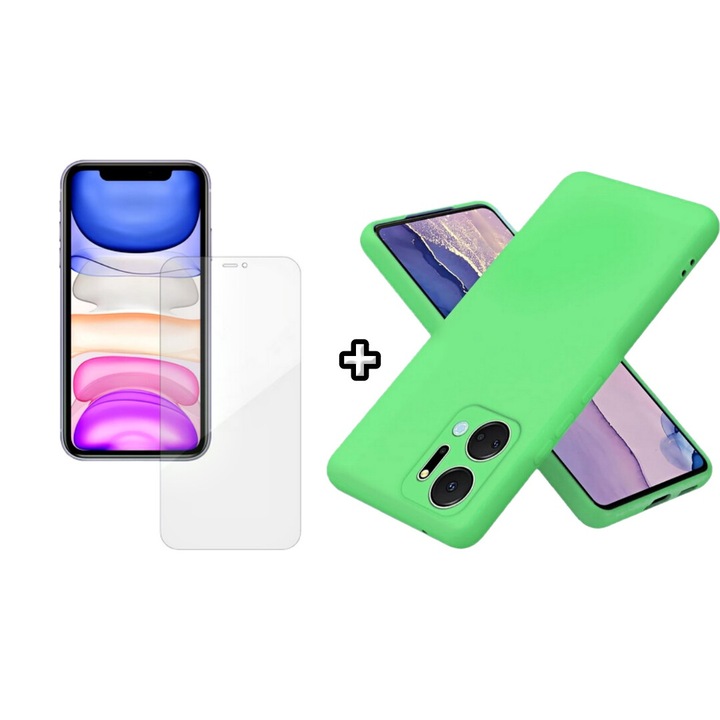Set Husa Silicon plus Folie din silicon Case Friendly compatibila cu Honor X7b, verde neon, HQM Protection