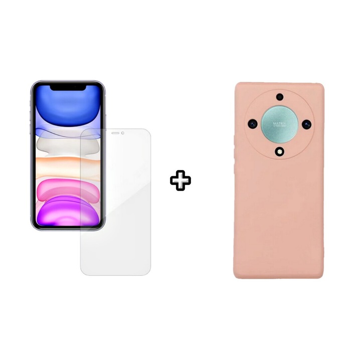 Set Husa Silicon plus Folie din silicon Case Friendly compatibila cu Honor Magic6 Lite, roz pudra, HQM Protection