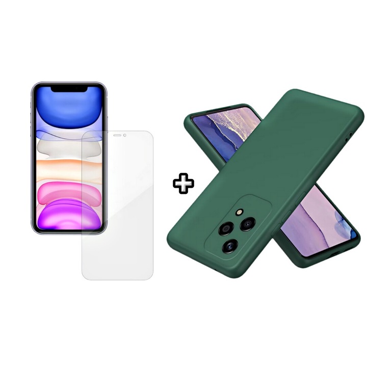 Set Husa Silicon plus Folie din silicon Case Friendly compatibila cu Honor 200 Lite, verde inchis, HQM Protection