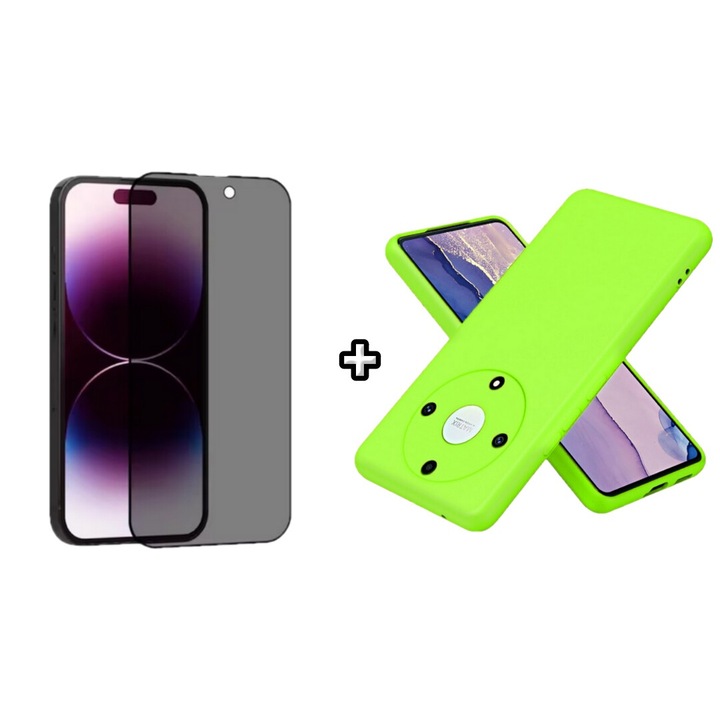 Set Husa Silicon plus Folie din sticla Privacy compatibila cu Honor Magic5 Lite, verde neon, HQM Protection