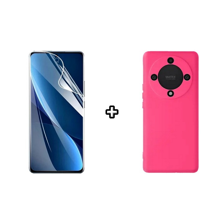 Set Husa Silicon plus Folie din sticla Transparenta compatibila cu Honor Magic5 Lite, roz neon, HQM Protection