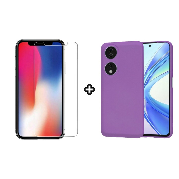 Set Husa Silicon plus Folie din sticla transparenta compatibila cu Honor X7b, mov, HQM Protection