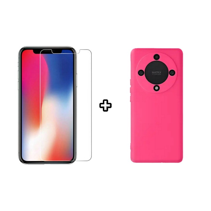 Set Husa Silicon plus Folie din sticla transparenta compatibila cu Honor Magic5 Lite, roz neon, HQM Protection