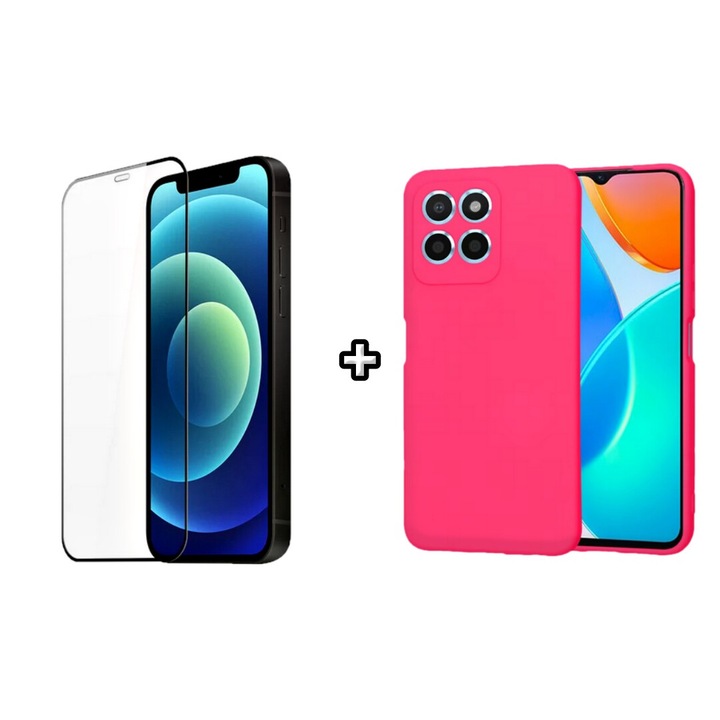 Set Husa Silicon plus Folie din silicon transparenta compatibila cu Honor X8b, roz neon, HQM Protection