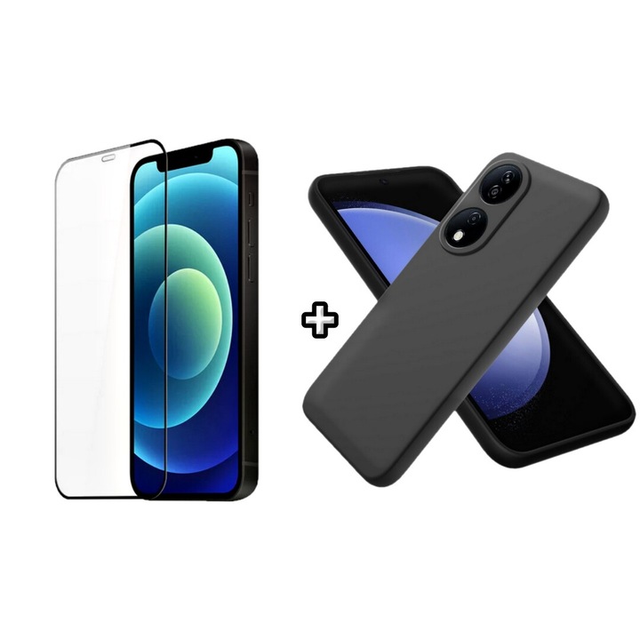 Set Husa Silicon plus Folie din silicon transparenta compatibila cu Honor X7b, neagra, HQM Protection