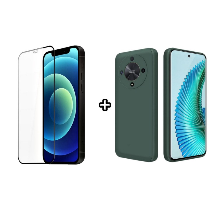 Set Husa Silicon plus Folie din silicon transparenta compatibila cu Honor Magic5 Lite, verde inchis, HQM Protection