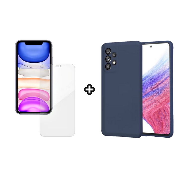 Set Husa Silicon plus Folie din silicon Case Friendly compatibila cu Samsung Galaxy A32 5G, albastra, HQM Protection