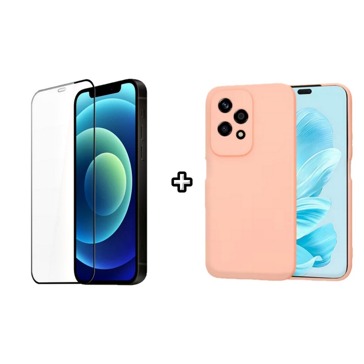 Set Husa Silicon plus Folie din silicon transparenta compatibila cu Honor 200 Lite, roz pudra, HQM Protection