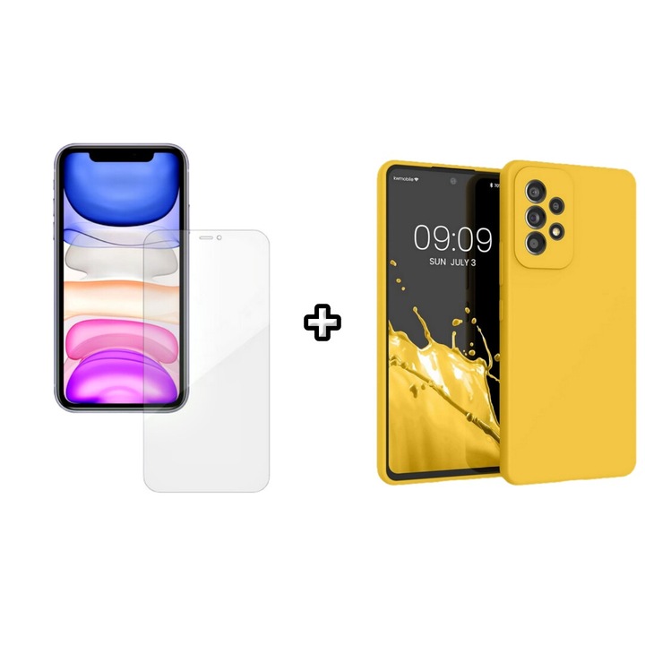 Set Husa Silicon plus Folie din silicon Case Friendly compatibila cu Samsung Galaxy A72, galbena, HQM Protection