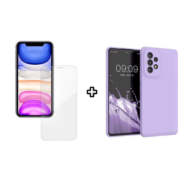 Set Husa Silicon plus Folie din silicon Case Friendly compatibila cu Samsung Galaxy A32 4G, mov, HQM Protection