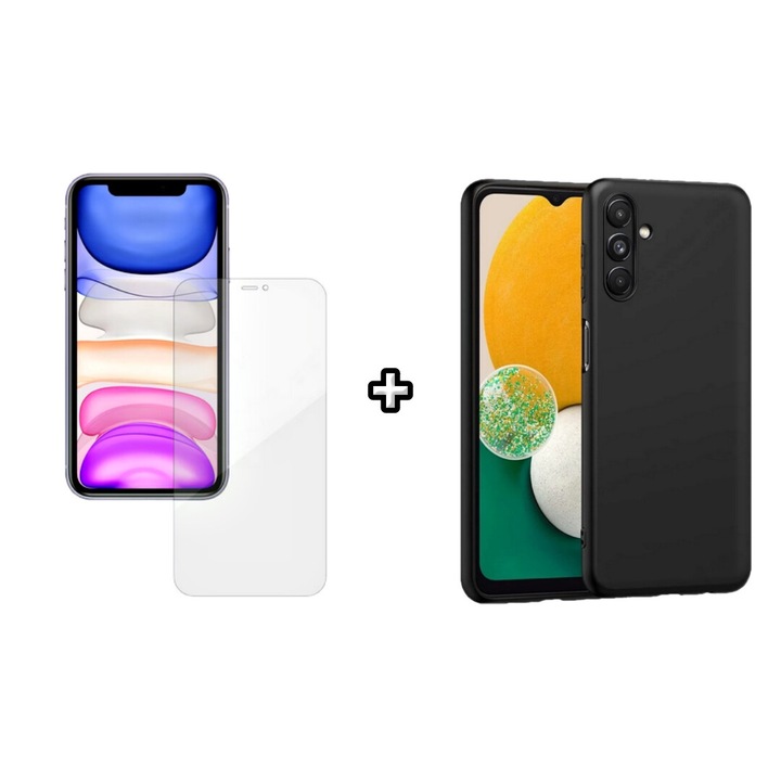 Set Husa Silicon plus Folie din silicon Case Friendly compatibila cu Samsung Galaxy A55, neagra, HQM Protection