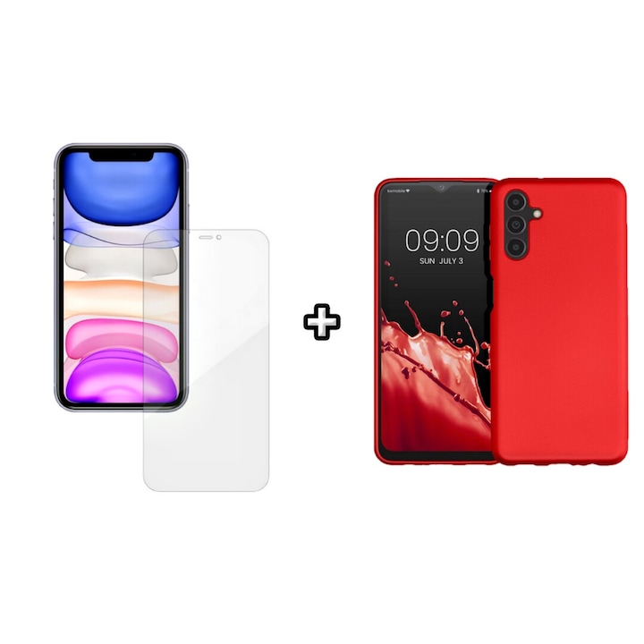 Set Husa Silicon plus Folie din silicon Case Friendly compatibila cu Samsung Galaxy A55, rosie, HQM Protection