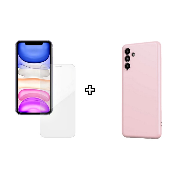Set Husa Silicon plus Folie din silicon Case Friendly compatibila cu Samsung Galaxy A13 5G, roz pudra, HQM Protection