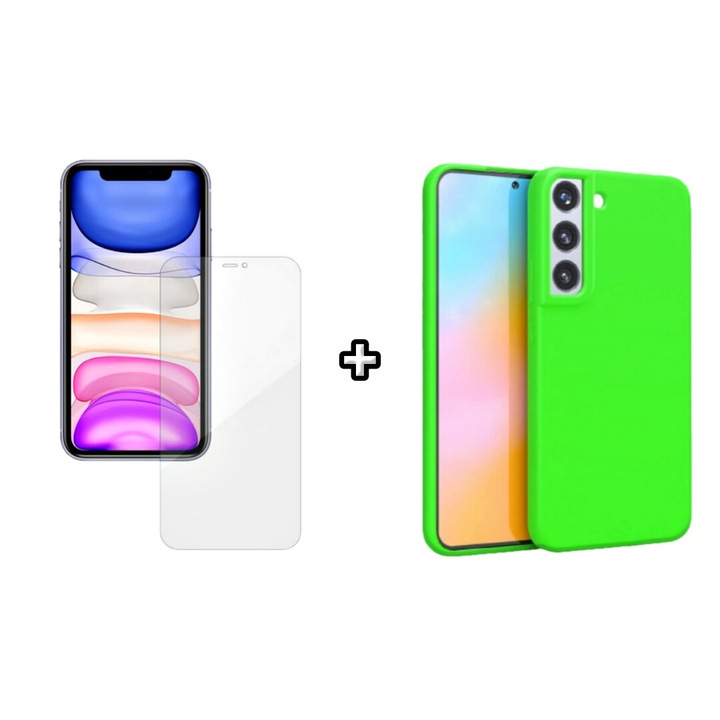 Set Husa Silicon plus Folie din silicon Case Friendly compatibila cu Samsung Galaxy S23 Plus, verde neon, HQM Protection