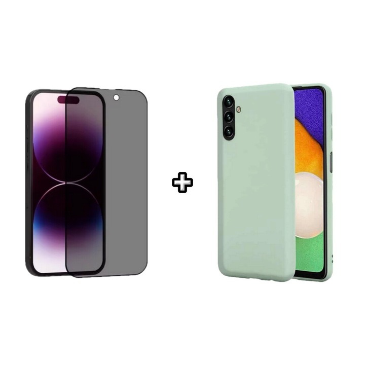 Set Husa Silicon plus Folie din sticla Privacy compatibila cu Samsung Galaxy A55, menta, HQM Protection