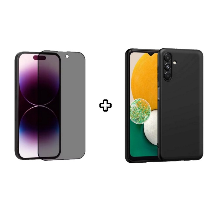 Set Husa Silicon plus Folie din sticla Privacy compatibila cu Samsung Galaxy A55, neagra, HQM Protection