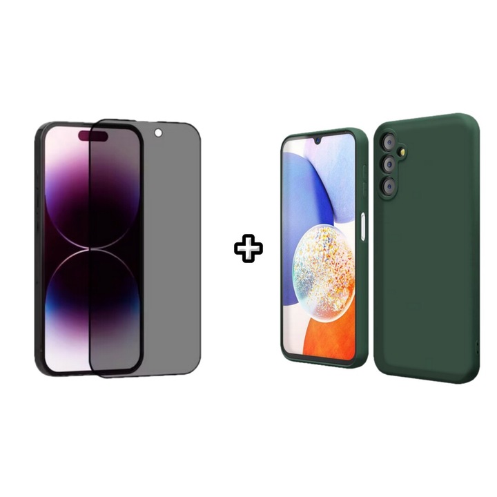 Set Husa Silicon plus Folie din sticla Privacy compatibila cu Samsung Galaxy A55, verde inchis, HQM Protection