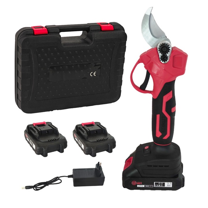 Foarfeca cu acumulator DDT, vita de vie si crengi, 21 V, 3 Ah, Rosie