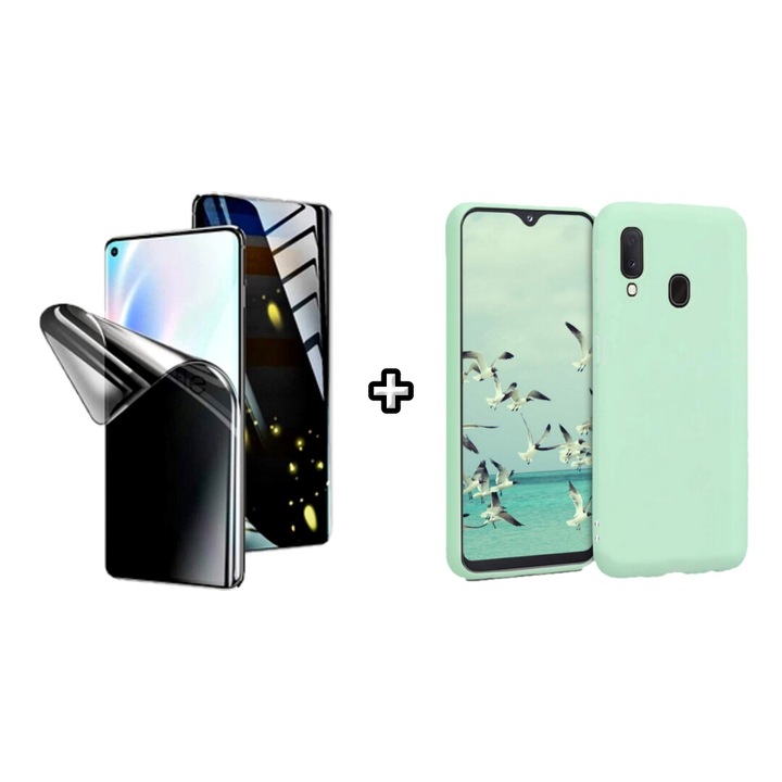 Set Husa Silicon plus Folie din silicon Privacy compatibila cu Samsung Galaxy A40, menta, HQM Protection