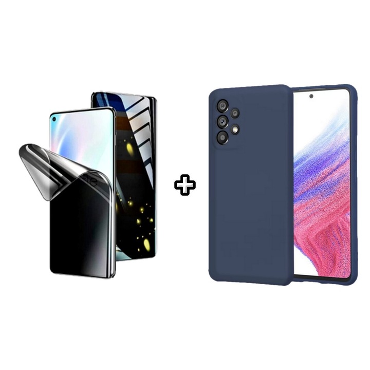 Set Husa Silicon plus Folie din silicon Privacy compatibila cu Samsung Galaxy A32 4G, albastra, HQM Protection