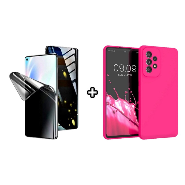 Set Husa Silicon plus Folie din silicon Privacy compatibila cu Samsung Galaxy A32 5G, roz neon, HQM Protection