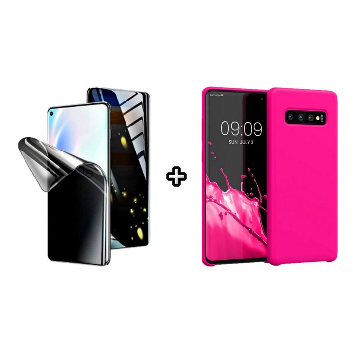 Set Husa Silicon plus Folie din silicon Privacy compatibila cu Samsung Galaxy S10, roz neon, HQM Protection
