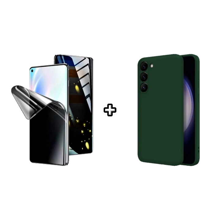 Set Husa Silicon plus Folie din silicon Privacy compatibila cu Samsung Galaxy S21 FE, verde inchis, HQM Protection
