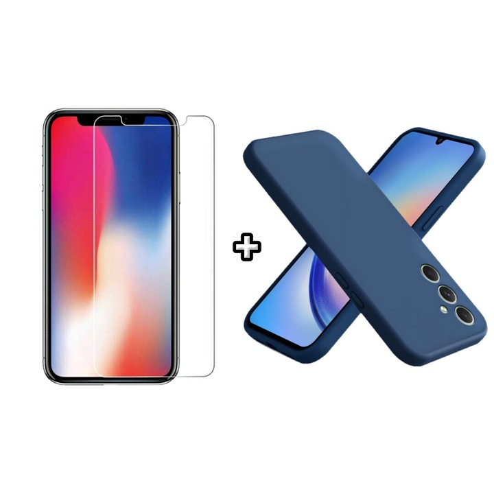 Set Husa Silicon plus Folie din sticla transparenta compatibila cu Samsung Galaxy A55, albastra, HQM Protection