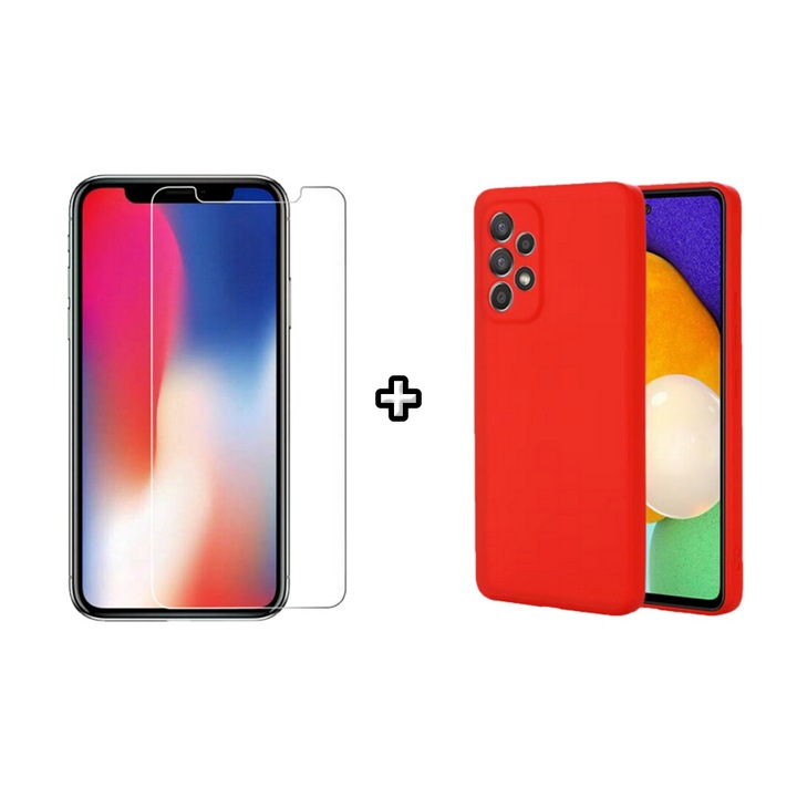 Set Husa Silicon plus Folie din sticla transparenta compatibila cu Samsung Galaxy A32 4G, rosie, HQM Protection