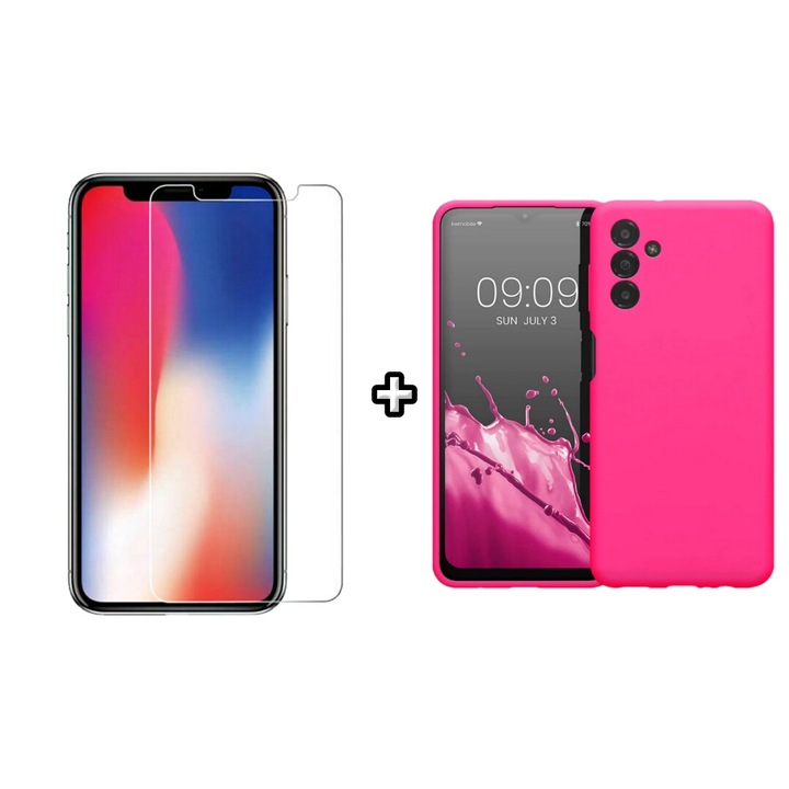 Set Husa Silicon plus Folie din sticla transparenta compatibila cu Samsung Galaxy A35, roz neon, HQM Protection