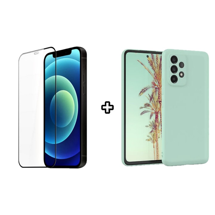 Set Husa Silicon plus Folie din silicon transparenta compatibila cu Samsung Galaxy A32 4G, menta, HQM Protection
