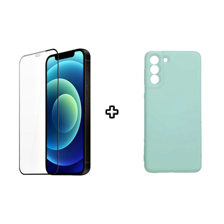 Set Husa Silicon plus Folie din silicon transparenta compatibila cu Samsung Galaxy S21 FE, menta, HQM Protection