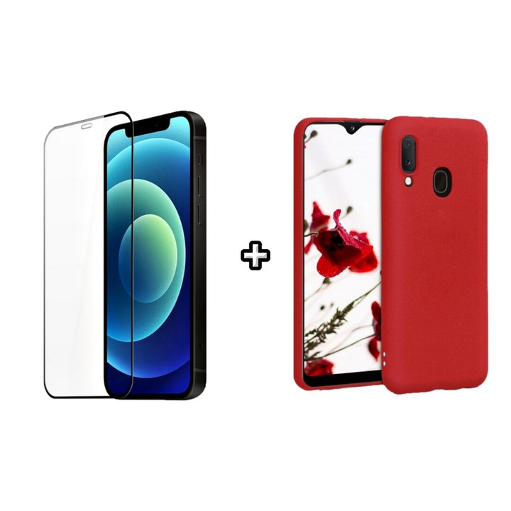 Set Husa Silicon plus Folie din silicon transparenta compatibila cu Samsung Galaxy A40, rosie, HQM Protection