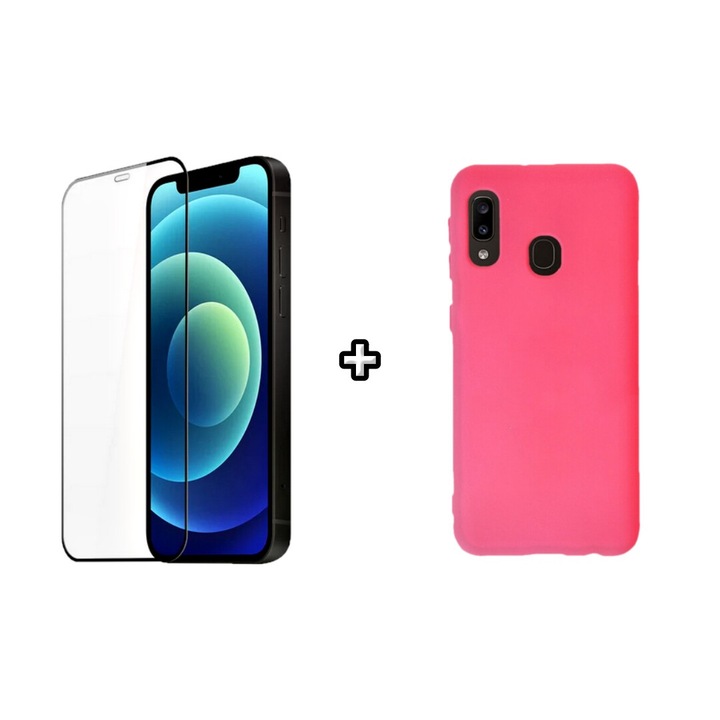 Set Husa Silicon plus Folie din silicon transparenta compatibila cu Samsung Galaxy A40, roz neon, HQM Protection