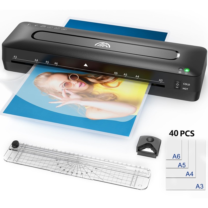 Laminator A3/A4/A5/A6, 35 cm/min, set cu foaie de laminare, taietor de hartie si rotunjitor de colturi, pentru uz acasa, biroul scolar, WALALLA, negru inchis