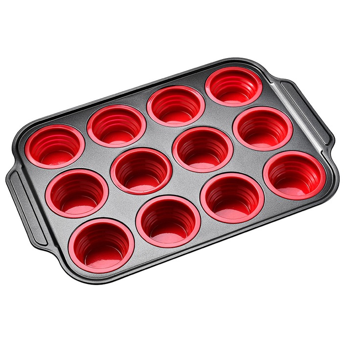 Muffin sütőforma, szilikon, fém kerettel, tapadásmentes, sütőbe, piros/szürke