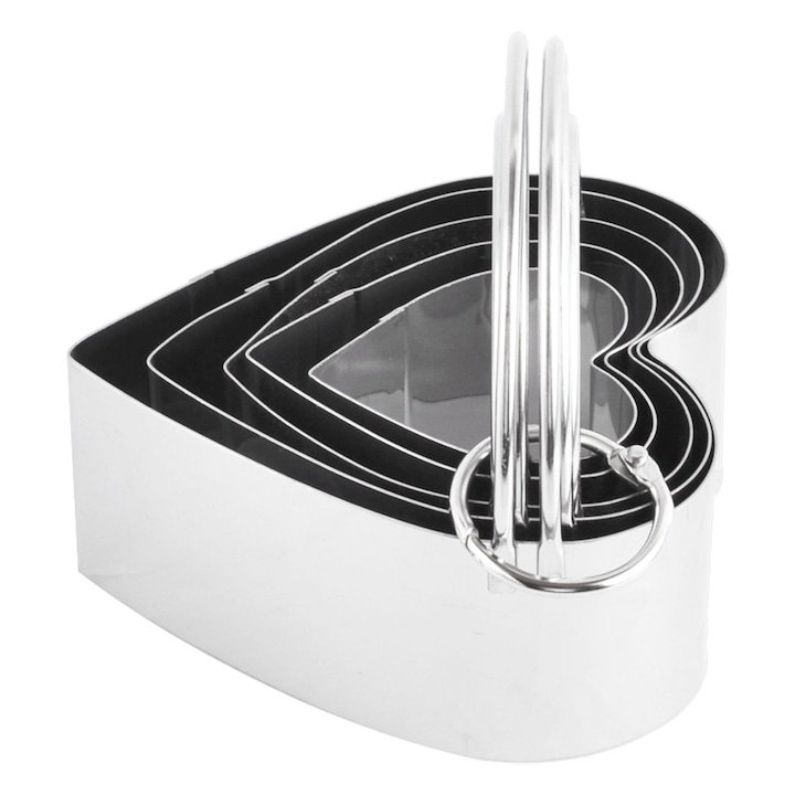 Set de forme pentru biscuiti, inox, cu maner, forma inima, argintiu