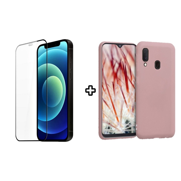 Set Husa Silicon plus Folie din silicon transparenta compatibila cu Samsung Galaxy A40, roz pudra, HQM Protection
